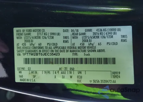 2018 Ford F-250 King Ranch из США, поврежденный, VIN 1FT7W2BT0JEC35423